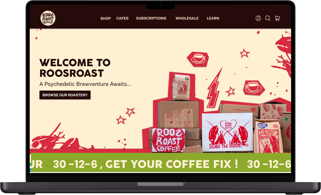 A mock-up of a website homepage on a MacBook. The text reads "Welcome to RoosRoast: A psychedelic brewventure awaits" with bold red graphics of coffee cups and lightning bolts displayed over RoosRoast merch.