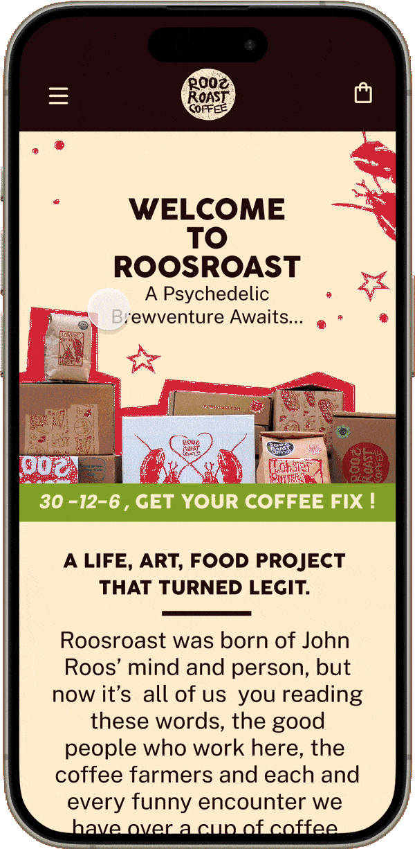 A scrolling GIF of the RoosRoast homepage on mobile, redesigned by Bella and Emily, featuring bold colors, graphics, and photos of the RoosRoast crew