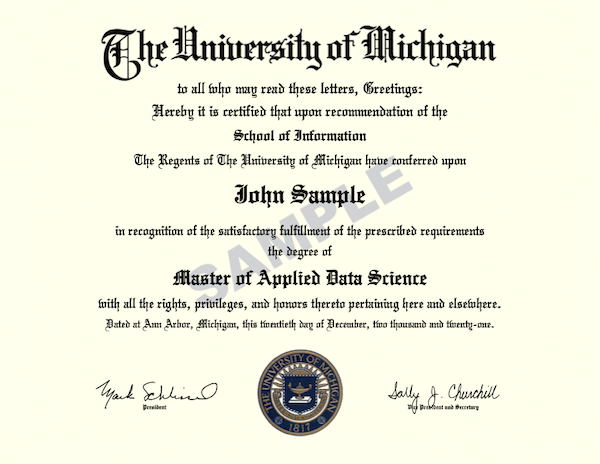 A University of Michigan diploma for the Master of Applied Data Science.