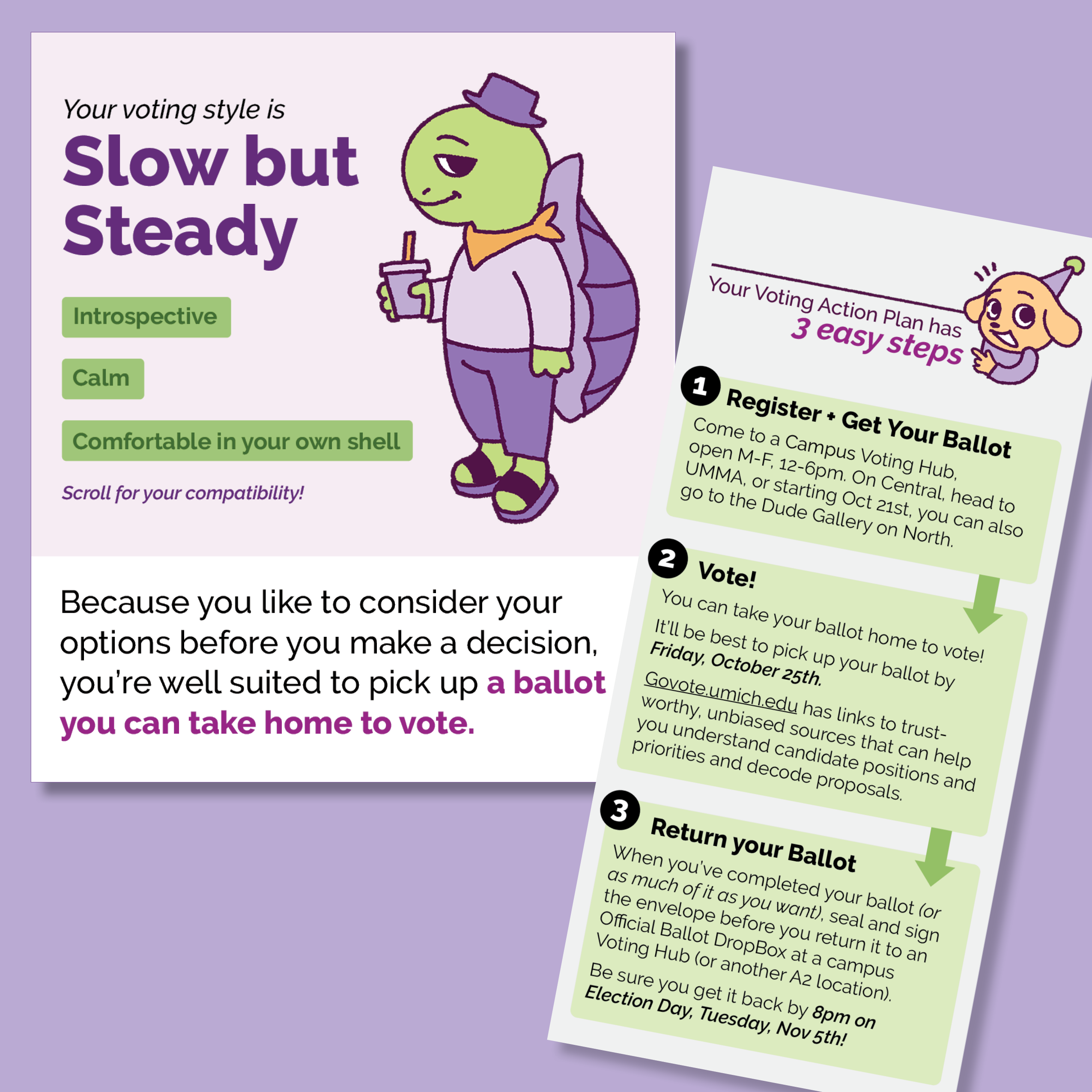 Screenshots of a sample result and action plan from the CCVP "What's Your Voting Style?" personality quiz. The result includes an illustration of a tortoise holding a drink cup. The action plan includes an illustration of a dog in a party hat. The result reads: "Your voting style is: Slow but steady. Introspective, calm, comfortable in your own shell. Because you like to consider your options before you make a decision, you're well suited to pick up a ballot you can take home to vote."