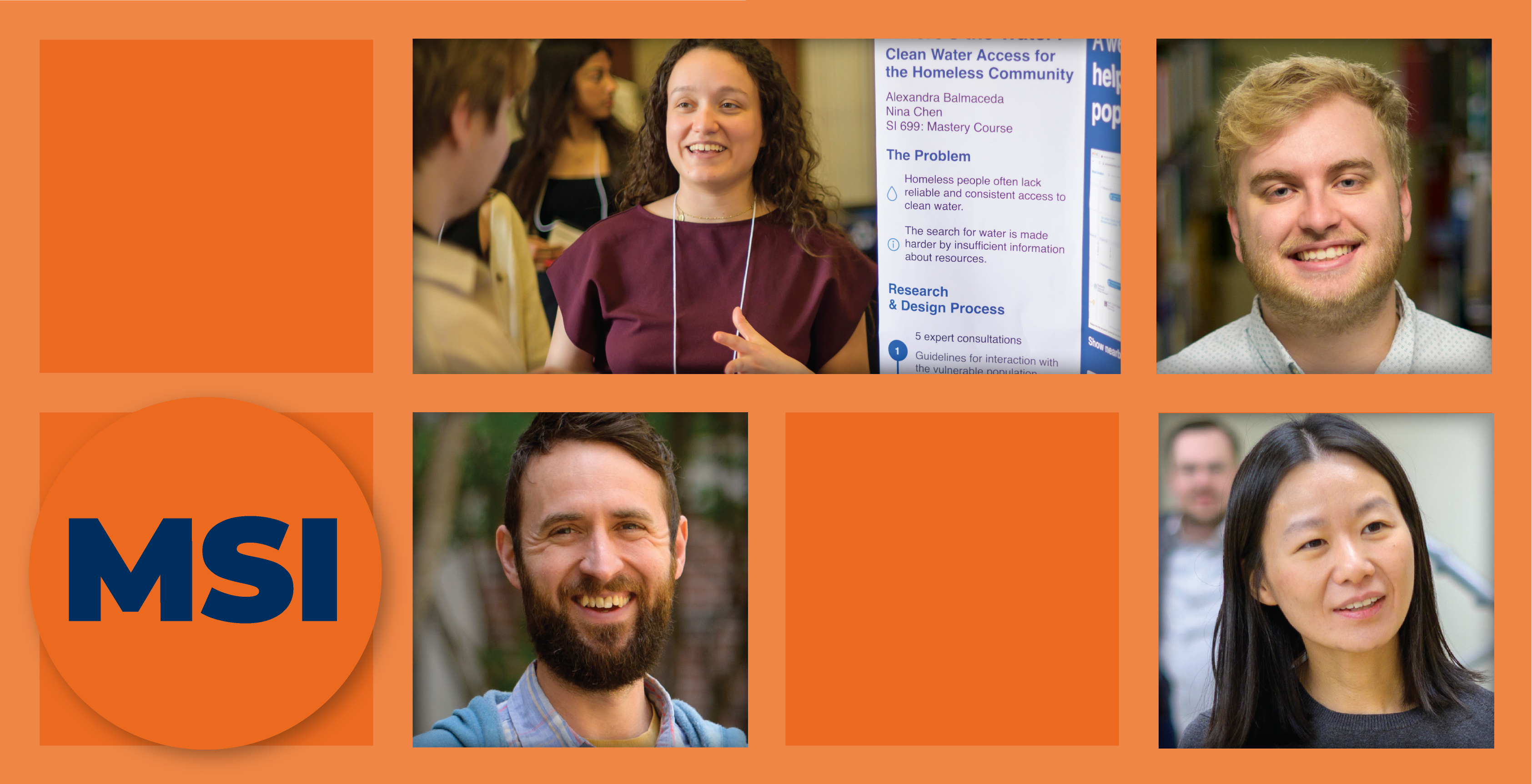 A grid of four student photos. Text in a circle says MSI.