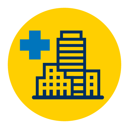 A digital illustration of a tall building with a plus sign next to it.