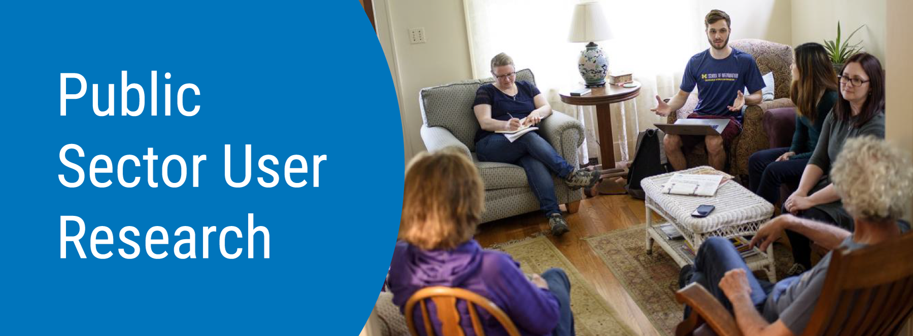 Public Sector User Research. A group of people talking in a living room.