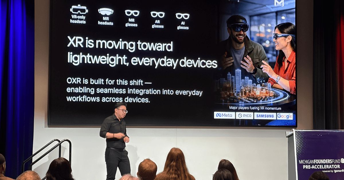 Lin stands on stage presenting, in front of a slide that reads XR is moving toward lightweight, everyday devices