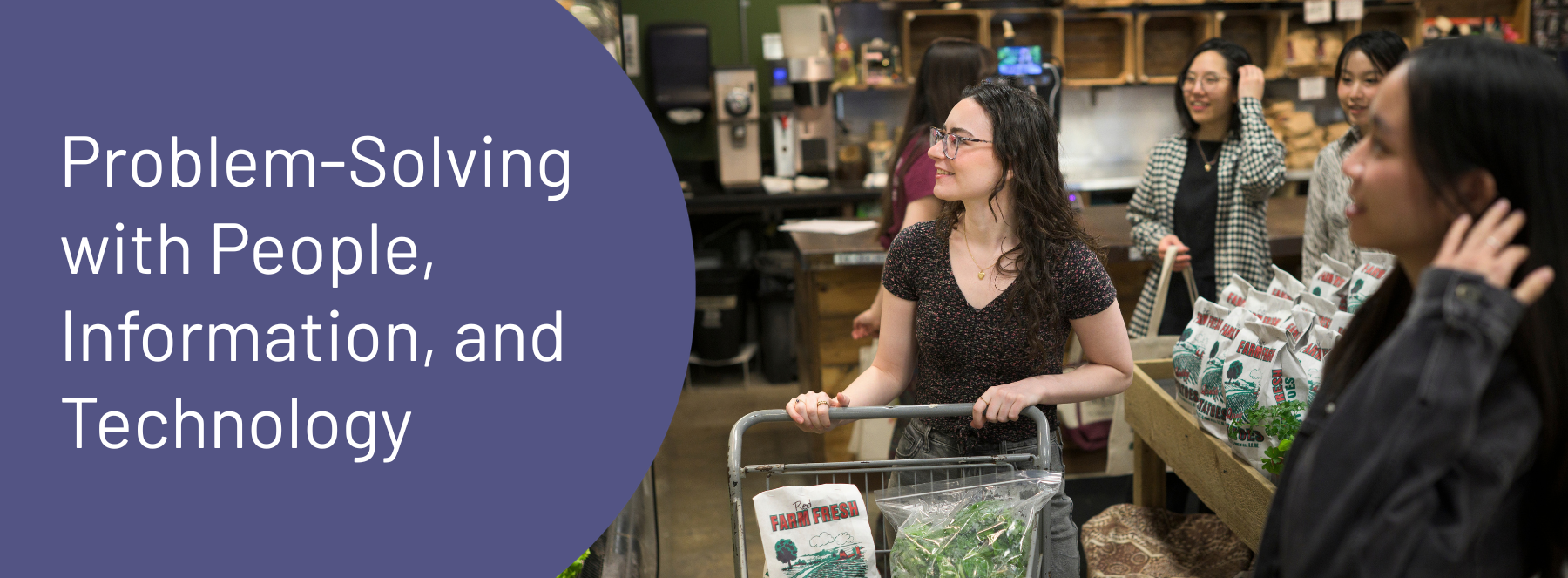 Problem-Solving with People, Information and Technology. A group of students in a grocery store. One is using a cart. 
