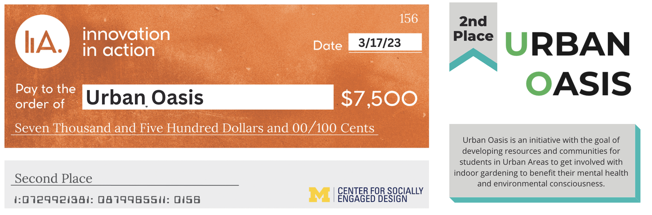 “2nd place.” Urban Oasis text logo. “Urban Oasis is an initiative with the goal of developing resources and communities for students in Urban Areas to get involved with indoor gardening to benefit their mental health and environmental consciousness.” Digital check from Innovation in Action to Urban Oasis for the amount of $7,500 dated 3/17/23. 