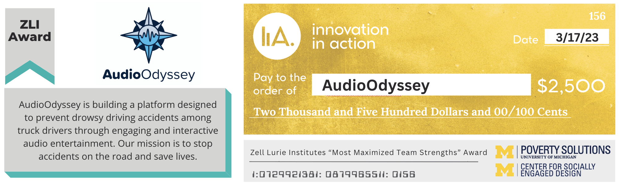 “ZLI Award. AudioOdyssey.” Compass logo. “AudioOdyssey is building a platform designed to prevent drowsy driving accidents among truck drivers through engaging and interactive audio entertainment. Our mission is to stop accidents on the road and save lives.” Digital check from Innovation in Action to AudioOdyssey for $2,500 dated 3/17/23. 