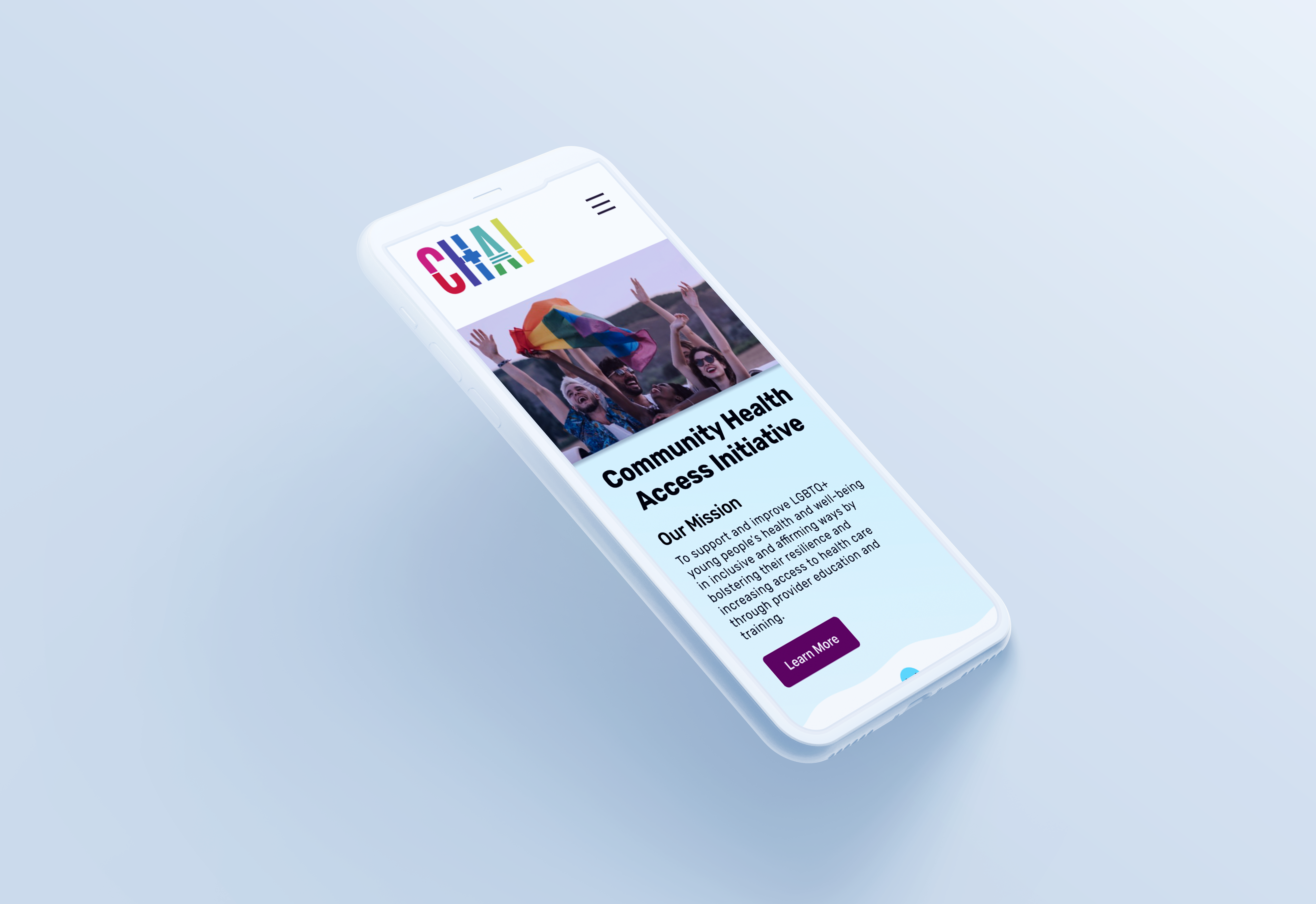A mockup of a mobile phone whose screen shows a redesigned CHAI website.