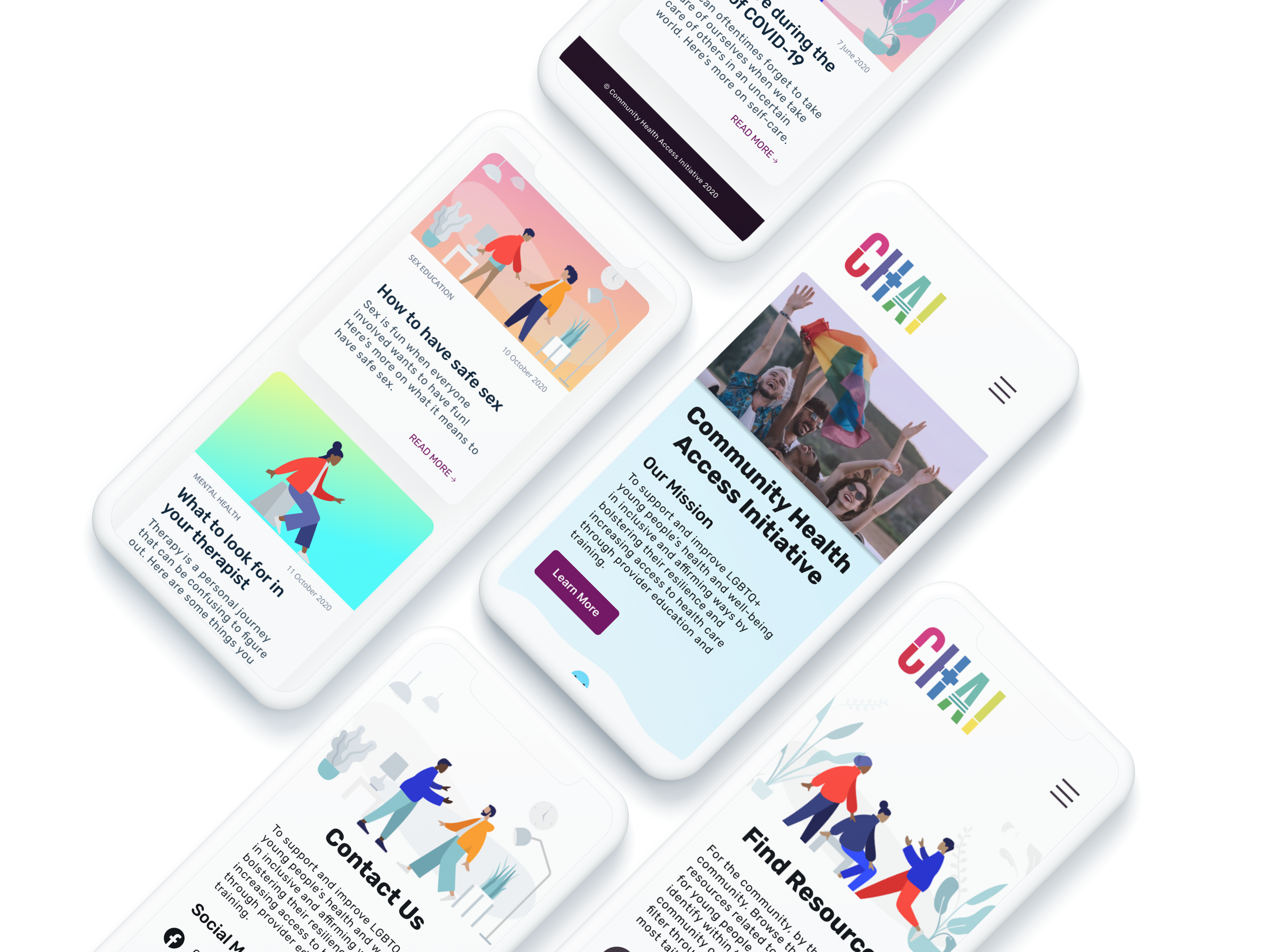 Artfully arranged mobile phones showcase further mockup designs of a reimagined CHAI website.