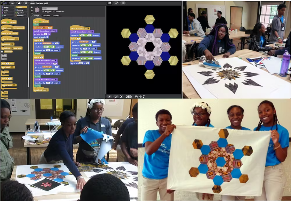 A four-photo collage of the process of designing and making quilts. People work together to iron and piece together the quilt, and in the last photo four smiling people hold up the completed quilt.