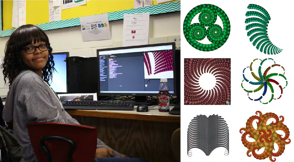A two-photo collage. A student sits next to a desktop computer. 6 digital illustrations of different cornrow patterns.