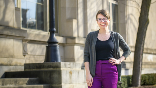Rachael Zuppke poses in front of an academic building on campus.