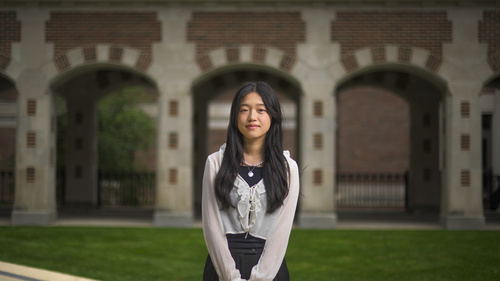 Allison He stands outside North Quad