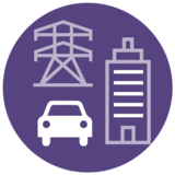 a power line, a car, and a sky scraper