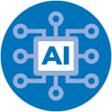 A digital illustration of circuits surrounding a box that says AI.