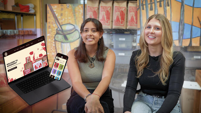 An image of Emily Veguilla and Bella Mai with RoosRoast coffee bags on a shelf behind them, overlaid with their prototypes of the RoosRoast homepage and mobile experience.