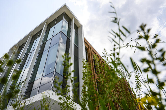 A corner window of the Leinweber building, seen from below.