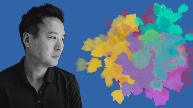 A black and white headshot of Ben Sun appears as a cutout on a blue background. He gazes to his right, into a bright abstract cloud of multiple colors 