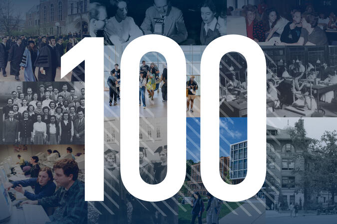 The number 100 appears over a collage of past and present-day UMSI photos 
