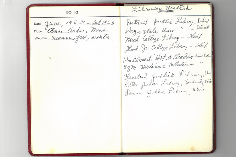 A journal with "June 1962-Feb. 1963, Ann Arbor, MI, summer, fall, winter" on the left-hand page and a list titled "Libraries Visited" on the right-hand page