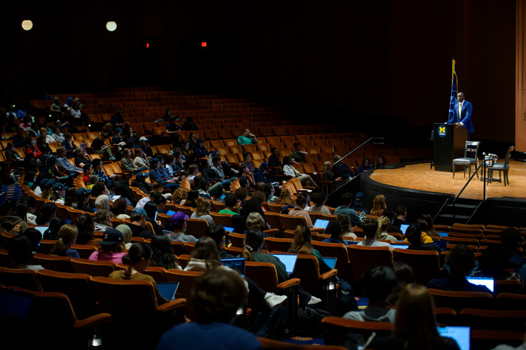 Audience members listen to the Lt. Gov. speak in Rackham Auditorium