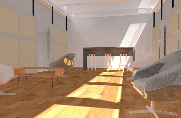 A digital rendering of a break room with comfortable chairs, stools and a table, and natural light streaming through from the ceiling.