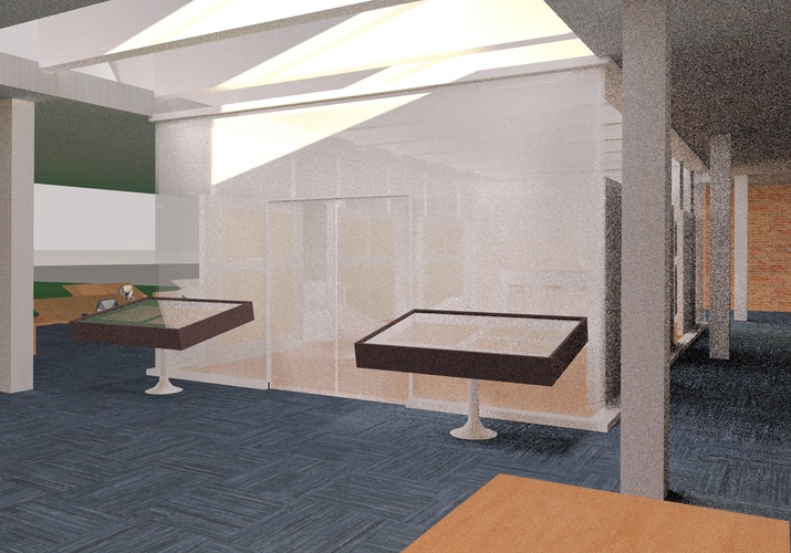 A digital rendering of the interior of the Bentley Historical library, which shoes a newly created break room in the center of the main space, with frosted glass walls and exhibition cases in front of its entrance.