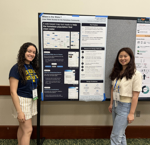 A photo of Alexandra Balmaceda and Nina Chen posing in front of their CHI 2024 poster