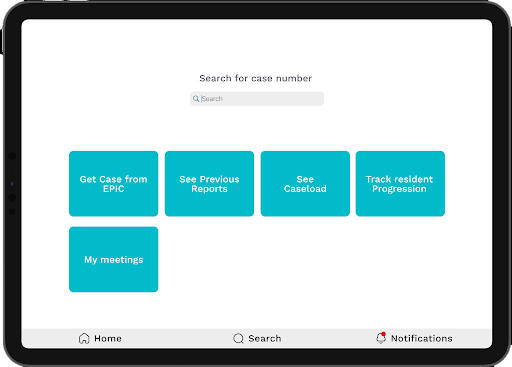 A photo of the infoMED landing page, which gives users options to search for a case, access "my meetings," "track resident progress," etc.  