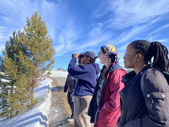 A profile view of four trip members standing in a line, looking straight ahead, one through binoculars, with snow on the ground and a pine tree beside them