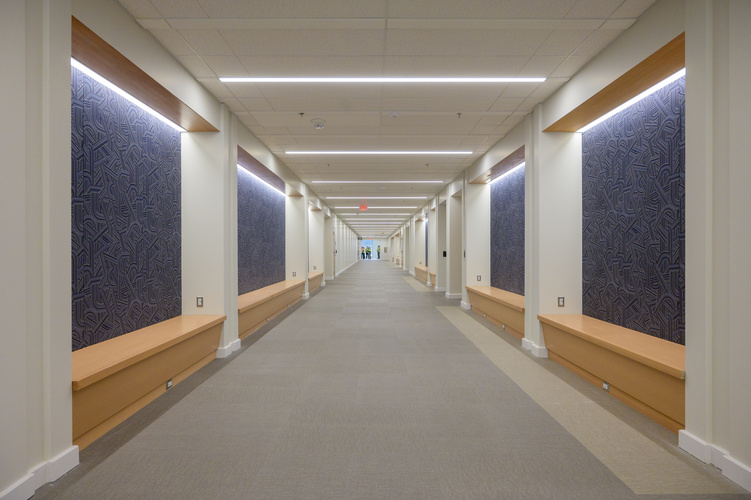 Interior view of a long, well-lit corridor with patterned blue wallpaper and wooden wainscoting.