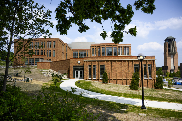 A view of a brick building with a clock tower to its right and greenery, including the branches of a leafy tree, in the foreground