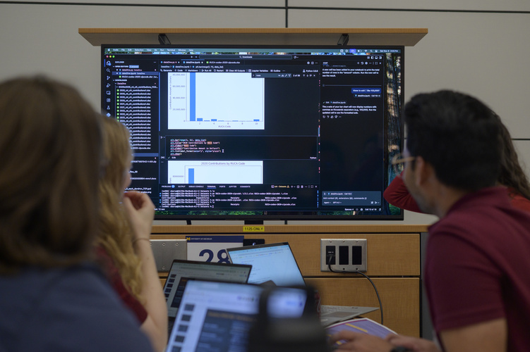 A screen in a classroom displays bar graphs while four students look on, the backs of their heads visible