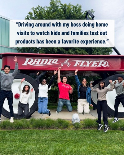 A group jumping in front of a giant Radio Flyer wagon with a quote box that reads "Driving around with my boss doing home visits to watch kids and families test out products has been my favorite experience"