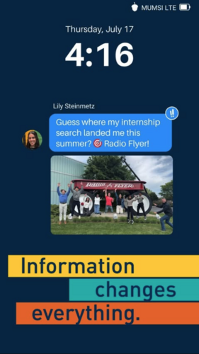 A phone's home screen with a text message from Lily reading "Guess where my internship search landed me this summer? Radio Flyer!" and a group photo of people jumping in front of a Radio Flyer wagon