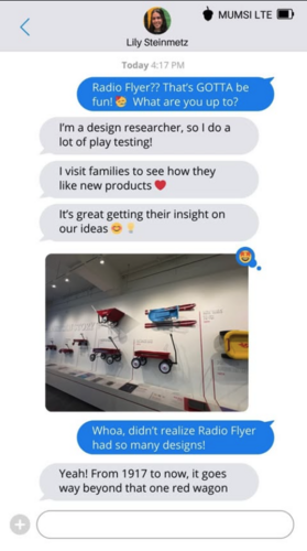A text message thread with a contact photo for Lily and a back-and-forth conversation about her role as an intern. She sends a photo of Radio Flyer designs throughout the decades, all displayed on a wall