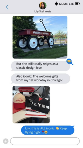 A text message thread with Lily, featuring her commentary on Radio Flyer designs and two photos, one of a giant Radio Flyer wagon and another of Radio Flyer swag 
