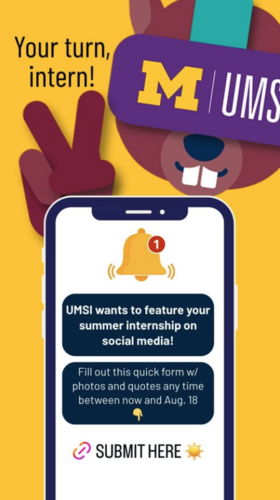 A slide that says "Your turn intern!" with MUMSI throwing up a peace sign and a link to submit a form to be featured