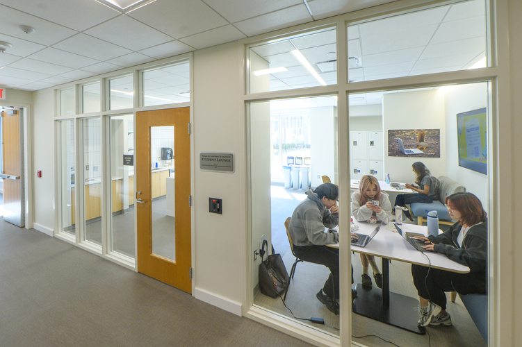 A view through the tall windows on the exterior of a room, where three students are seated at a table together, working simultaneously, and another visible on a bench behind them.