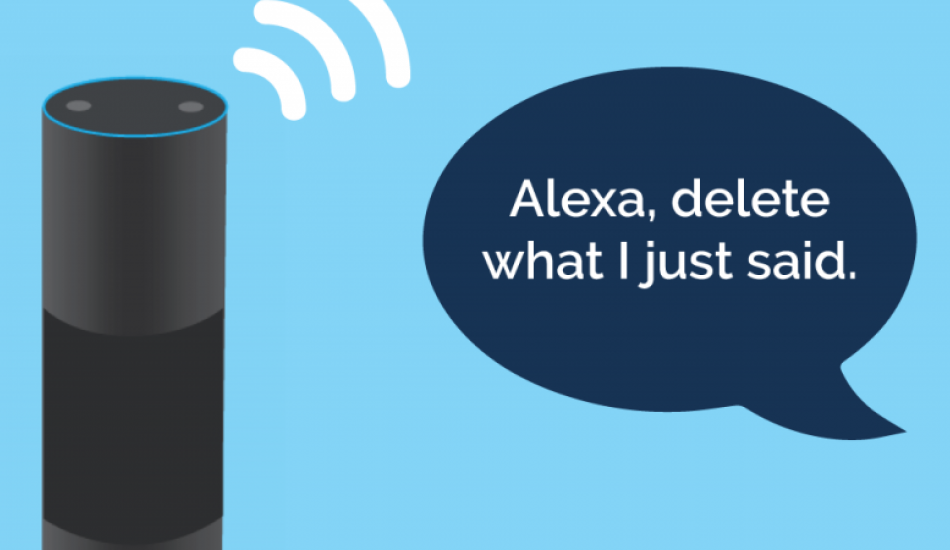 Illustration of Amazon Alexa next to speech bubble containing "Alexa, delete what I just said."