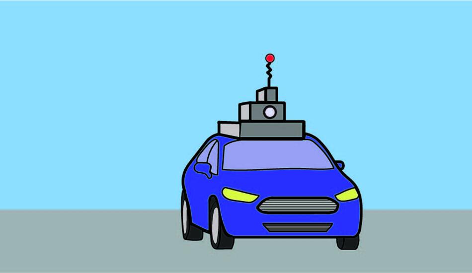 a graphic depicting a blue autonomous car on a clear day