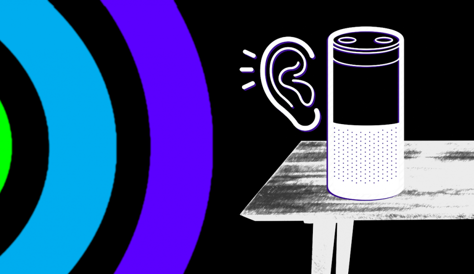 A graphic of an Alexa device with an ear drawn next to it. To its left sound waves are represented. 
