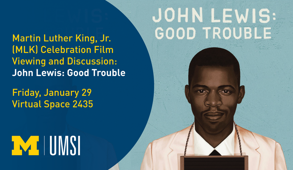 Digital illustration of John Lewis' arrest photo on a graphic with the event details