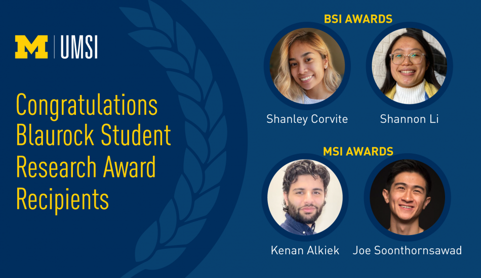 Left of graphic reads "Congratulations Blaurock Student Research Awards Recipients." Right of graphic features headshots of the four winners cropped to fit circles and arranged in a grid.
