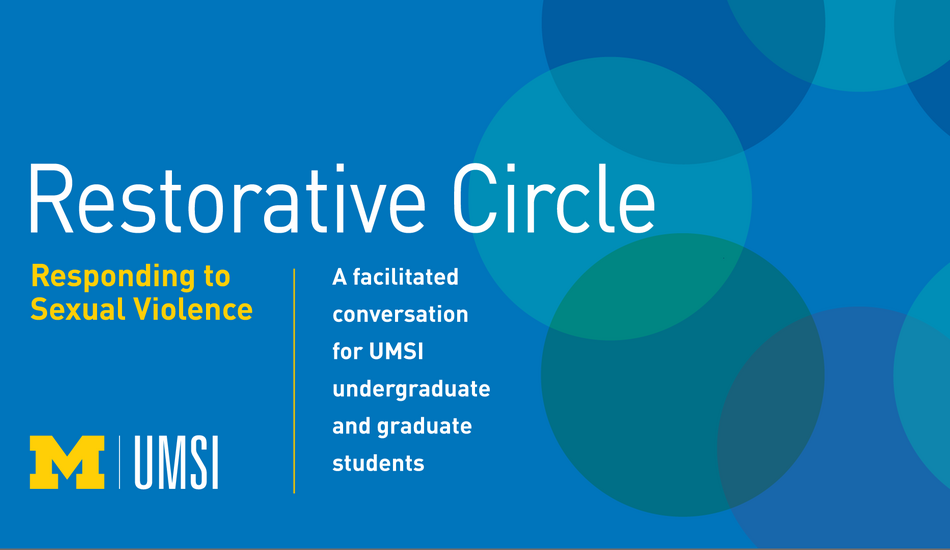 Graphic with event information layered over green and blue circles