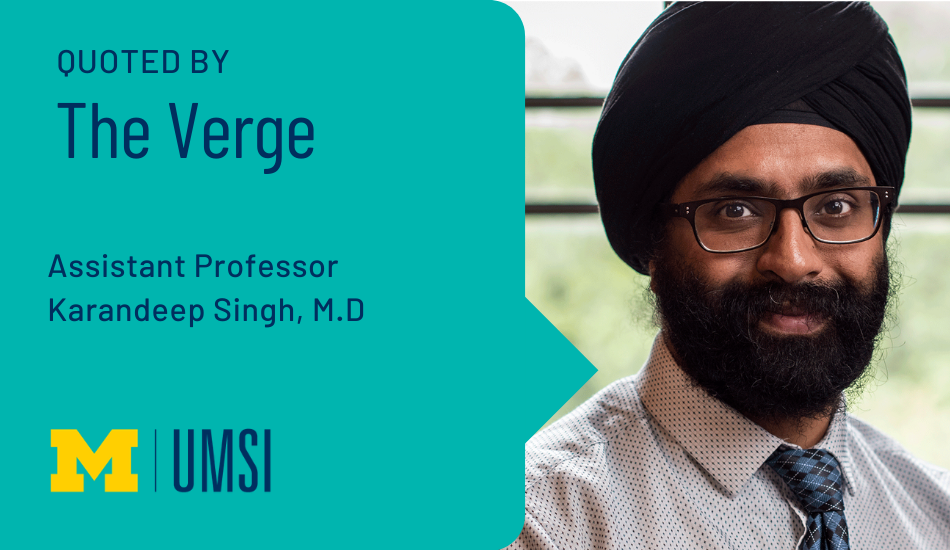Headshot of Karandeep Singh placed next to graphic of a speech bubble