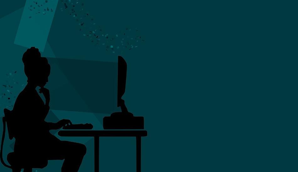 Graphic of a silhouetted person sitting at a desktop computer appearing contemplative