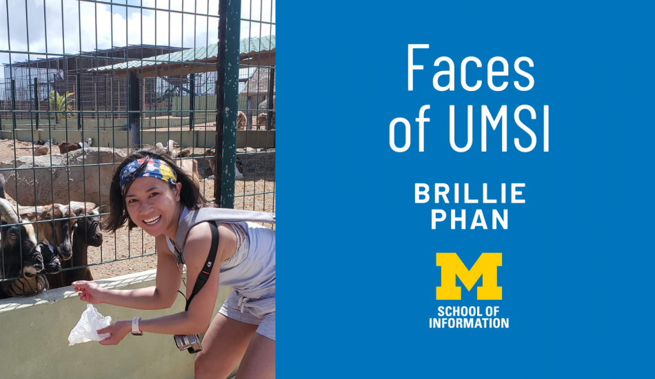 Brillie Phan crouching next to goats behind a fence. "Faces of UMSI: Brillie Phan"