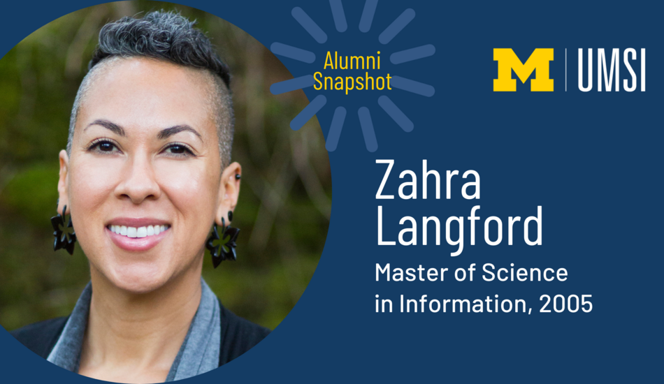 Headshot of Zahra Langford. “Alumni Snapshot.” Block M. “UMSI. Zahra Langford. Master of Science in Information, 2005.”