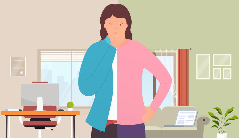 Cartoon of person looking thoughtful while standing between working at home and working in an office.